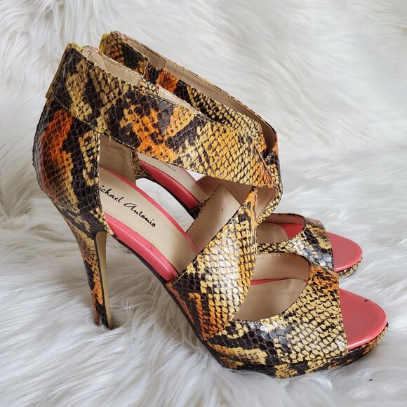 Michael Antonio Reptile Print Open Toe Back Zip Stiletto SZ 7.5 - Picture 3 of 12